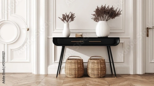 Fototapeta Black console table with wicker baskets and dried lavender in a classic entryway.