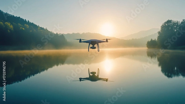 Obraz Drone flying over lake at sunrise reflection
