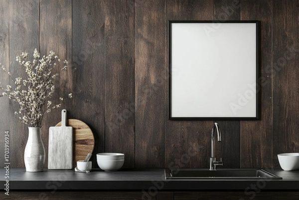 Obraz Modern minimalist kitchen interior with empty frames
