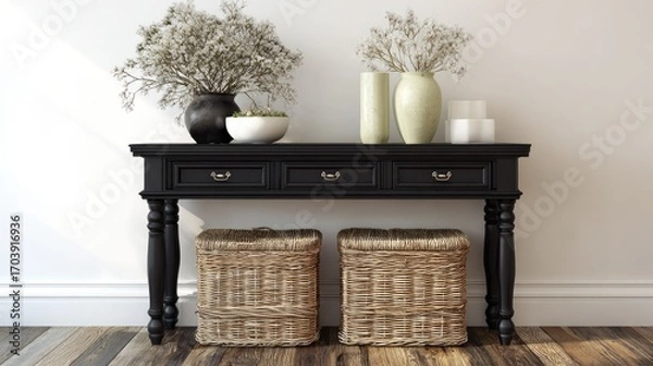 Fototapeta Dark-colored console table with decorative elements.