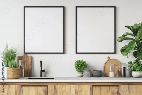 Obraz Modern minimalist kitchen interior with empty frames

