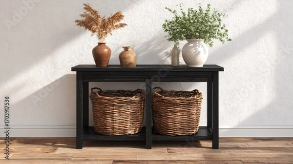 Fototapeta Black console table with woven baskets and vases.