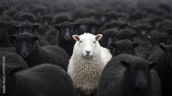 Fototapeta In a foggy field, a single white sheep captures attention while surrounded by a herd of black sheep. The contrast in colors enhances the serene but mysterious atmosphere of the rural setting.