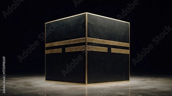 Fototapeta Cubic structure with gold details on a dark background.