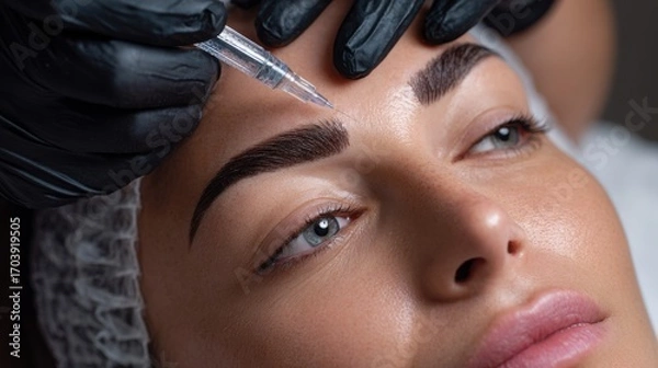Fototapeta A woman is lying back while a beauty technician performs a microblading procedure on her eyebrows using specialized tools in a modern salon setting.