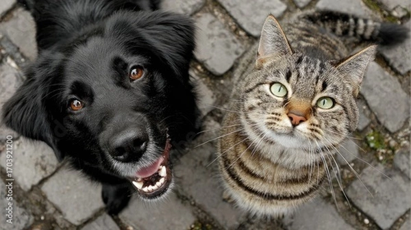 Fototapeta Top-down view of a happy dog and cat looking upwards.