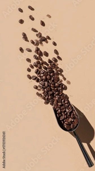 Fototapeta Falling Coffee Beans from Scoop Isolated on Beige Background
