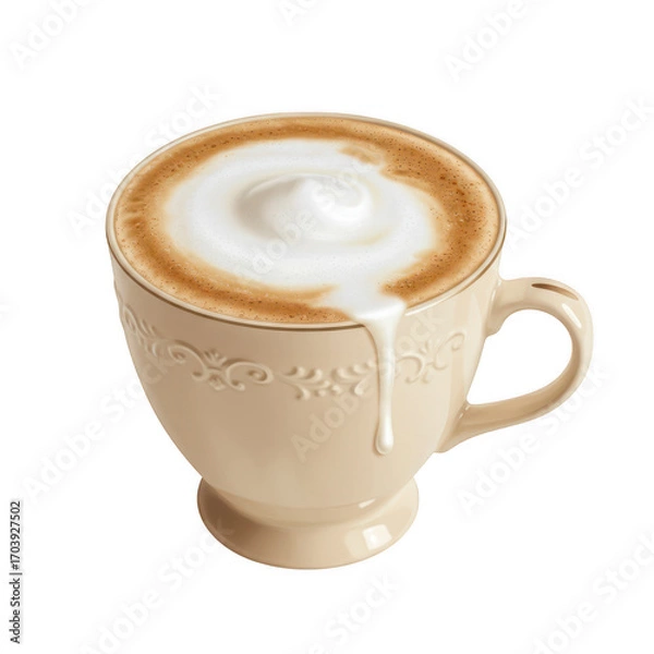 Fototapeta A creamy cappuccino with frothy milk art in an elegant beige cup isolated on transparent background