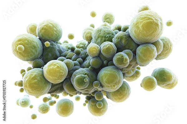 Fototapeta Cluster of round green bacterial cells under microscope, isolated on transparent cutout background