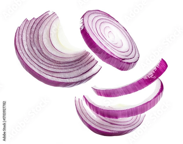 Fototapeta Freshly sliced red onion rounds floating in air, isolated on transparent cutout background