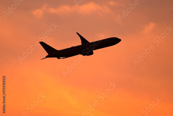Obraz 美しい空・雲・気象現象を背景に飛行する航空機　夕空　朝　夕日
