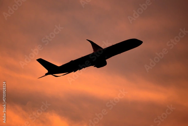 Obraz 美しい空・雲・気象現象を背景に飛行する航空機　夕空　朝　夕日