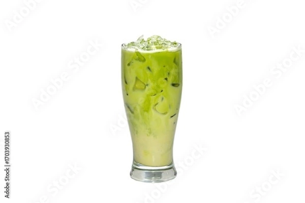 Obraz Ready for drink Ice matcha green tea put on wooden plate in white background and isolate concept.