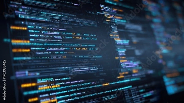 Fototapeta A vibrant display of code featuring various programming languages is shown on a dark background. The text includes syntax highlighting, demonstrating software development concepts and activities.