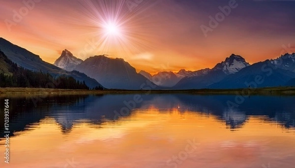 Fototapeta A Stunning Mountain Range Reflecting A Star In The Peaceful Waters Below During Sunset Creating A Mesmerizing And Surreal Scene