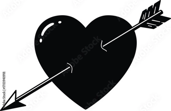 Fototapeta Black heart pierced by a single arrow vector illustration representing love, romance, passion, heartbreak, emotion, Valentine’s Day, and desire.