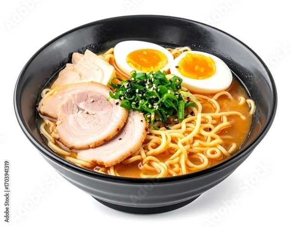 Fototapeta Asian ramen noodles soup with egg, pork and bamboo shoots in bowl is isolated on white background, Japanese cuisine