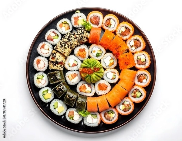 Fototapeta Top view of maki sushi plate isolated on white background