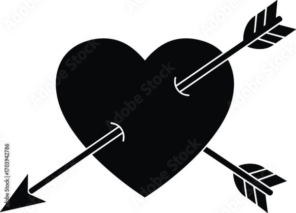 Fototapeta Black heart pierced with two arrows vector illustration representing love, heartbreak, romance, emotion, and Valentine's Day in bold silhouette design.