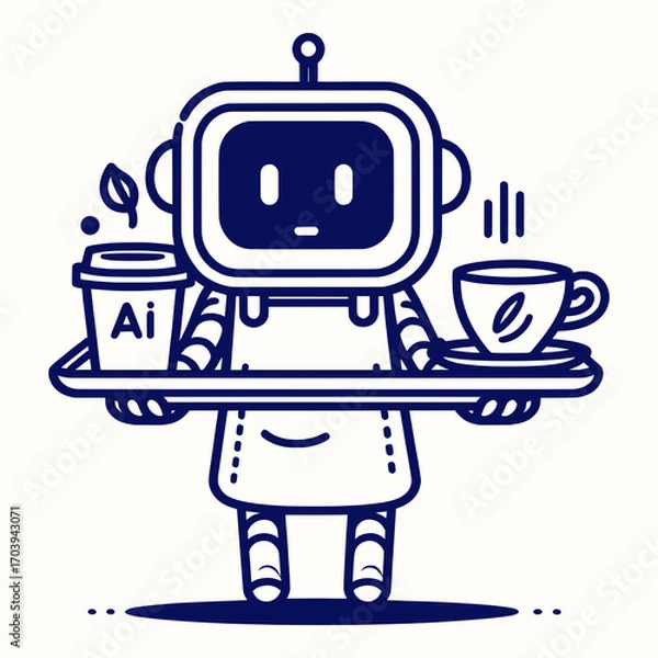 Obraz Black and white minimalist vector line art of AI mascot carrying tray with coffee cups in coworking café
