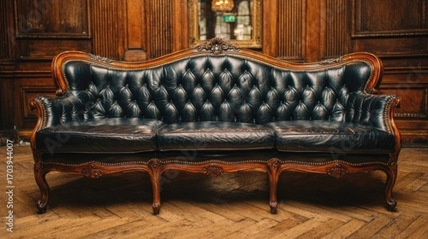 Fototapeta Ornate dark leather sofa with wooden frame in a room with wooden paneling.