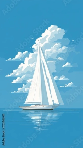 Fototapeta Sleek White Sailboat Floating on Calm Blue Waters with Clouds