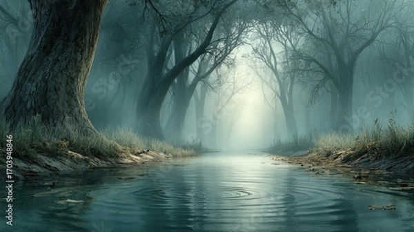 Obraz Foggy enchanted forest river with dramatic light rays