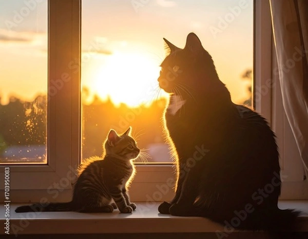 Obraz Two cats on a windowsill at sunset