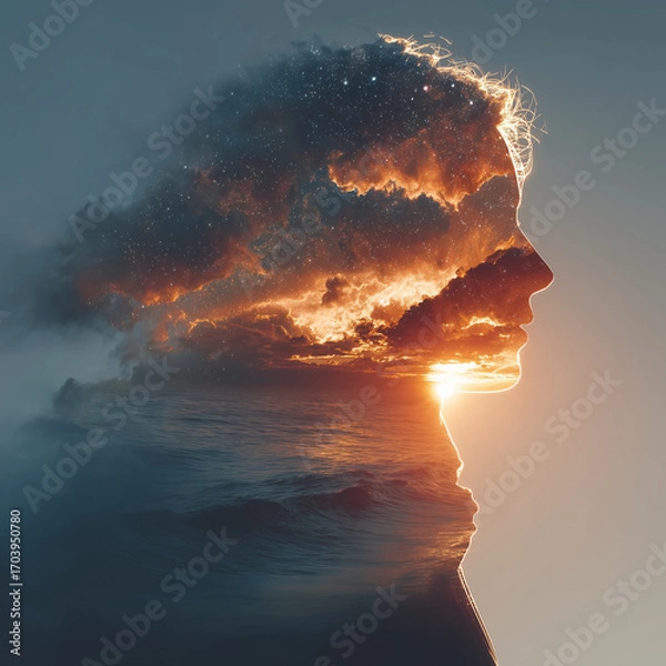 Fototapeta Mind's Eye Sunset: An artistic composite image blends the silhouette of a person's head with a mesmerizing sunset, evoking contemplation and the vastness of the mind.