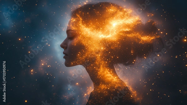 Fototapeta Celestial Reflection: A woman's silhouette merges with a nebula, embodying the cosmic beauty of inner and outer space. This image is a powerful symbol of the unity between humanity and the cosmos.
