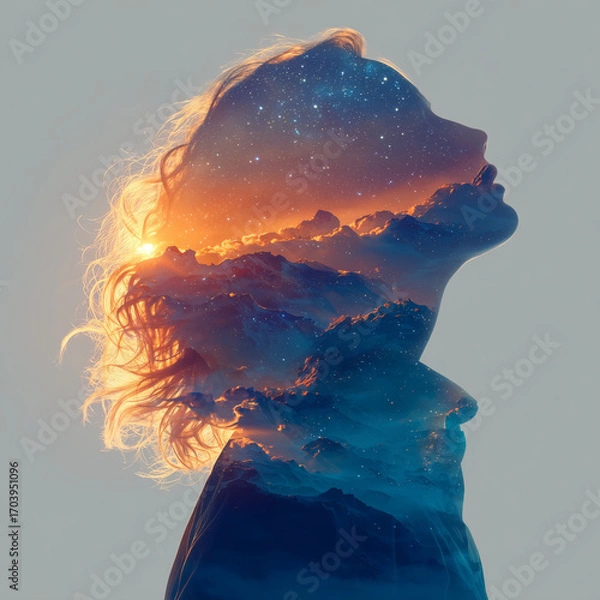 Fototapeta Skyward Gaze: A person merges seamlessly with a breathtaking tapestry of celestial elements, embodying a dreamlike state.