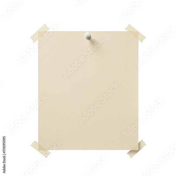 Fototapeta A blank beige paper note with a thumbtack and taped corners isolated on transparent background