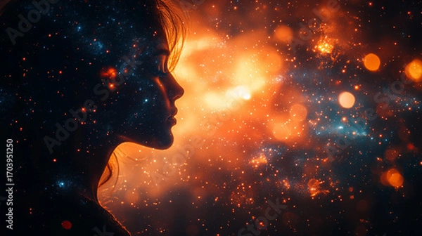 Fototapeta Cosmic Contemplation: A silhouette of a woman merges seamlessly with the vast cosmos, her form intertwined with celestial bodies and swirling nebulae, evoking introspection.