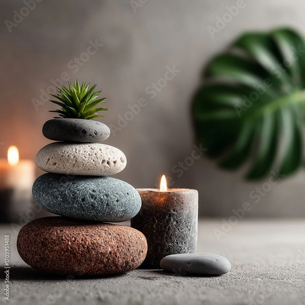 Fototapeta Serene Balance:  A carefully balanced stack of smooth stones topped with a small plant alongside a lit candle, creating a harmonious atmosphere of calm and peace.