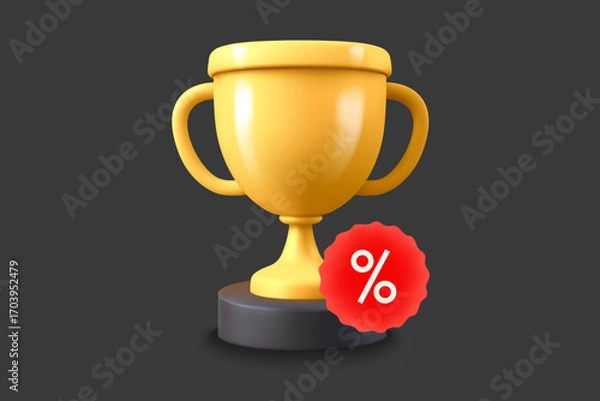 Fototapeta Gold trophy with red label. Discount concept. 3d vector icon