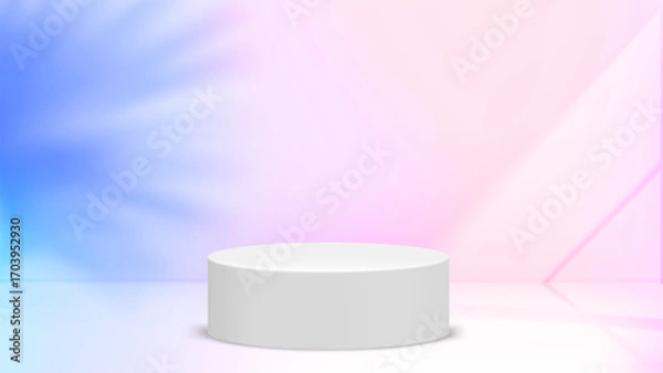 Fototapeta Neon glowing studio with white podium. 3d vector illustration