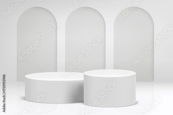 Fototapeta Bright studio with arc and podium. 3d vector background for product design