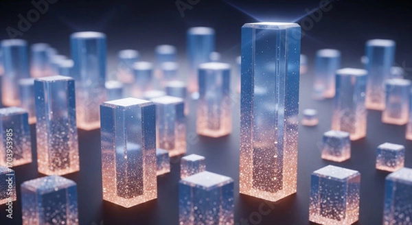 Fototapeta Abstract 3D background with glowing crystal blocks. Subsurface scattering effect in transparent glass with a blue-brown gradient. Ethereal light texture with cinematic shallow depth of field