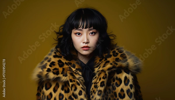 Fototapeta Stylish young model posing in leopard print suit against black studio backdrop