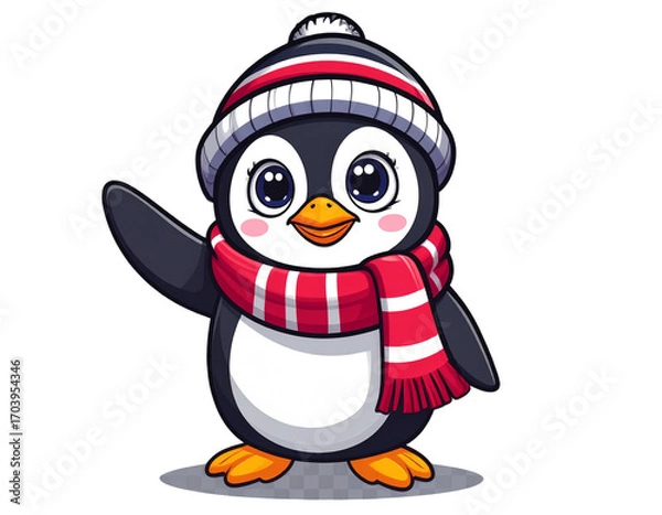 Obraz Cartoon Penguin in Striped Beanie and Scarf, Cheerful Pose, Isolated