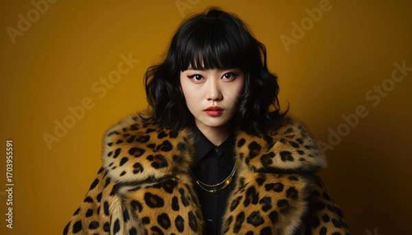 Fototapeta Stylish young model posing in leopard print suit against black studio backdrop