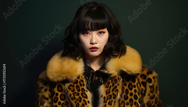 Fototapeta Stylish young model posing in leopard print suit against black studio backdrop