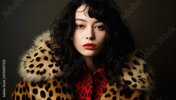 Fototapeta Stylish young model posing in leopard print suit against black studio backdrop