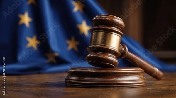 Fototapeta A wooden gavel is placed on its circular block, symbolizing justice, beside a blue flag representing the European Union, adorned with yellow stars, conveying legislative authority.