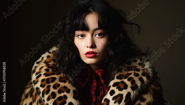 Fototapeta Stylish young model posing in leopard print suit against black studio backdrop
