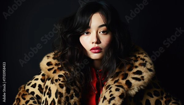 Fototapeta Stylish young model posing in leopard print suit against black studio backdrop