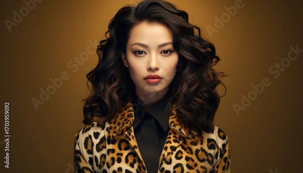 Fototapeta Stylish young model posing in leopard print suit against black studio backdrop