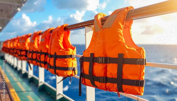 Fototapeta Bright Orange Lifejacket Hanging on Ship Railing with Ocean in Background