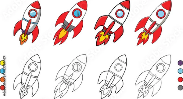 Fototapeta Cartoon Rocket Ship Coloring Page Set – Space Shuttle Vector Illustration with Colored and Outline Versions