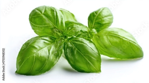 Obraz Vibrant green basil leaves are arranged on a white background, highlighting their smooth texture and aromatic appeal. These leaves are often used in cooking, adding flavor to dishes.